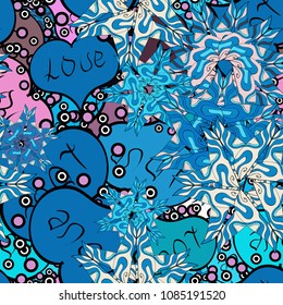 Vector illustration. Seamless Love pattern. Background of big and small hearts with swirls in blue, black, beige, neutral and pink colors. Love background.
