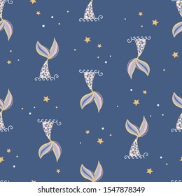 Ilustración vectorial de la magia sin fisuras adorable con colas de peces, estrellas del mar, burbujas, olas para textiles, ropa, diseño de moda, papel, textura para fiesta de sirena, scrapbooking, web. Cuento de hadas 