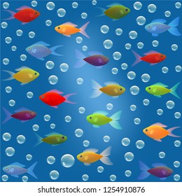 Vector illustration of a seamless marine background with fish swimming in water with bubbles of air in the sea of life