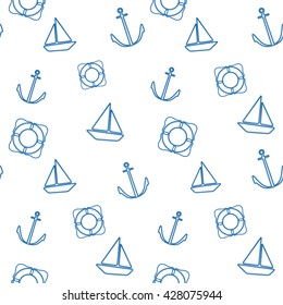 Vector illustration: Seamless Marine pattern. Blue nautical objects on white background