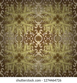 Vector illustration. Seamless medieval floral royal pattern. Decorative symmetry arabesque. Good for greeting card for birthday, invitation or banner. Gold on brown and neutral colors.