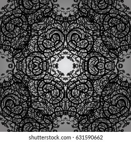 Vector illustration. Seamless medieval floral royal pattern. Good for greeting card for birthday, invitation or banner. Decorative symmetry arabesque. Dim on gray background.