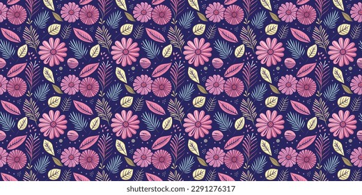 Vector illustration of a seamless modern colorful tropical floral pattern. Cute botanical abstract contemporary spring flower background