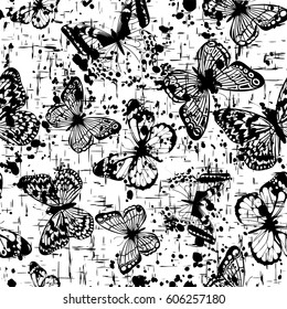 Vector illustration seamless monochrome background with abstract butterfly for print on textile or paper