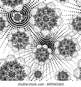 Vector illustration seamless monochrome background with abstract flowers for print on textile or paper