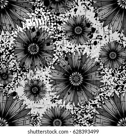 Vector illustration seamless monochrome background with abstract flowers for print on textile or paper