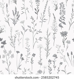 vector illustration of Seamless monochrome pattern with various wildflowers and delicate plants