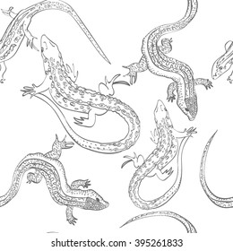 Vector illustration of seamless monochrome pattern with lizards. Grey and white linear graphic. Nice for textile printing, wrapping paper etc.