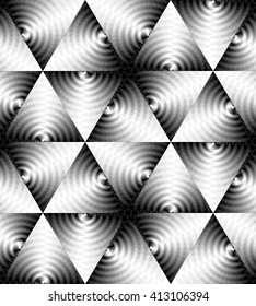 Vector Illustration. Seamless Monochrome Triangle Pattern of Expanding Waves Intersect in the Center. Optical Volume Effect. Suitable for textile, fabric, packaging and web design.