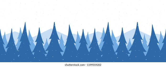 Vector illustration: Seamless mountains background. Template of Christmas greeting banner with winter snowy pine forest.