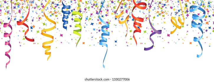 vector illustration of seamless multi colored confetti and streamers for carneval or party time on white background