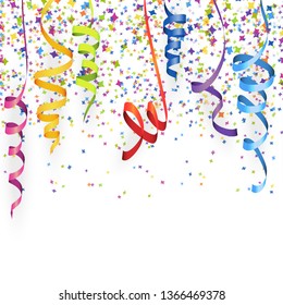 vector illustration of seamless multi colored confetti and streamers for carneval or party time on white background