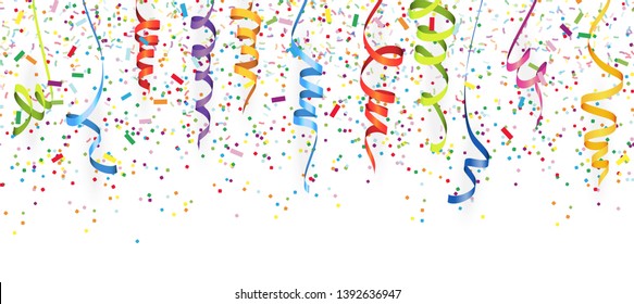 vector illustration of seamless multi colored confetti and streamers for carneval or party time on white background