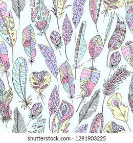 Vector illustration of a seamless multicolored pattern of feathers of birds of different shapes. Drawing made by hands of different colors.