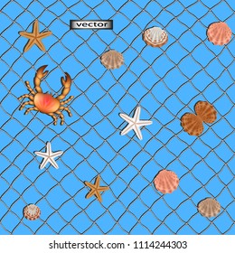 Vector illustration of seamless net to catch fish on blue background, decorated with crab or cancer, starfish and seashells, sea theme to decorate walls, fabrics, interior decoration of fishers net