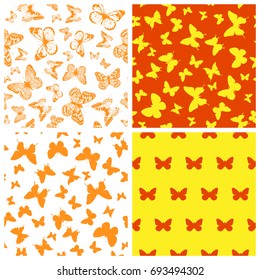 Vector illustration seamless orange background set with abstract butterfly for print on textile or paper