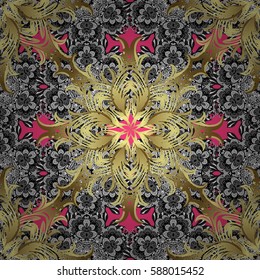 Vector illustration. Seamless oriental classic golden pattern. Vector abstract background with repeating elements on pink background.