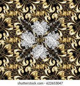 Vector illustration. Seamless oriental classic golden pattern. Vector abstract background with repeating elements on black background.