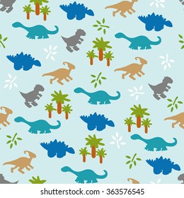 Vector illustration. Seamless ornament background made of silhouettes of dinosaurs of different species, the leaves and trees on a blue background.