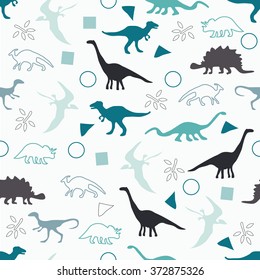 Vector illustration. Seamless ornament background made of silhouettes of dinosaurs of different species on a light background.