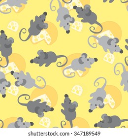 Vector illustration. Seamless ornament composed of mice. The background made of cheese.