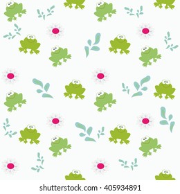 Vector illustration. Seamless ornament composed of numerous frogs, flowers and leaves.