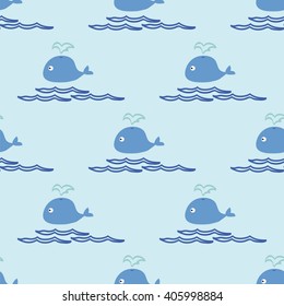 Vector illustration. Seamless ornament composed of small whales and waves on a blue background.