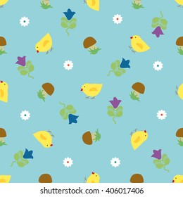 Vector illustration. Seamless ornament composed of chickens, flowers and mushrooms on a blue background.
