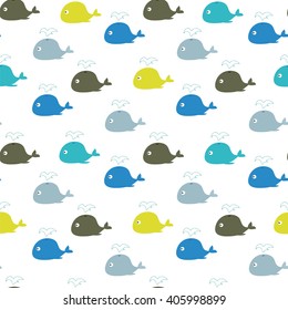 Vector illustration. Seamless ornament, made of little multicolored whales.