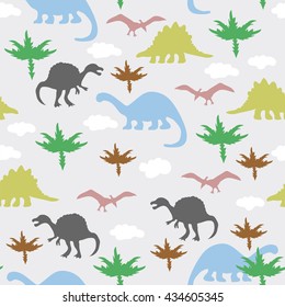 Vector illustration. Seamless ornament made of silhouettes of dinosaurs,trees and clouds on grey background.