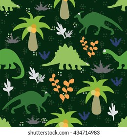 Vector illustration. Seamless ornament made of silhouettes of dinosaurs,trees and plants on a green background.