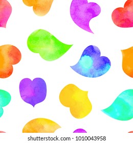 Vector illustration: seamless ornament pattern with funny varicolored Hearts in different positions isolated on white background. For Valentine's day or wedding decoration.
