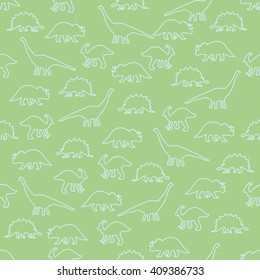 Vector illustration. Seamless ornamental background made of silhouettes of dinosaurs of different species on a green background.