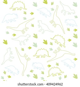 Vector illustration. Seamless ornamental background made of silhouettes of dinosaurs of different species on a light background.