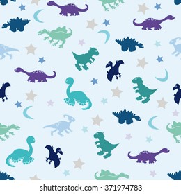 Vector illustration. Seamless ornamental pattern composed of silhouettes of cute little dinosaurs, stars, and months on a blue background.