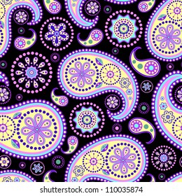 Vector illustration of seamless paisley pattern on black background