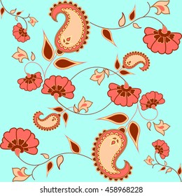 vector illustration of seamless paisley pattern on colorful background with floral elements