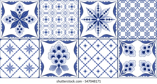  Ilustración vectorial. Diseño de mosaicos con adornos azules.  Diseño de fondo.