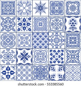 Vector illustration. Seamless patchwork pattern from tiles in the oriental style in blue tones.  Background design.