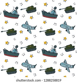 Vector illustration. Seamless pattern of  23 February elements. Good for card, poster, banner, invitation, postcard, icon. EPS 10