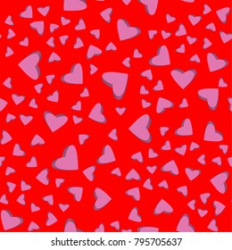 Vector illustration. Seamless pattern of 3D pink hearts of different sizes on a red background in a random order. Suitable for the decoration and wrapping paper.
