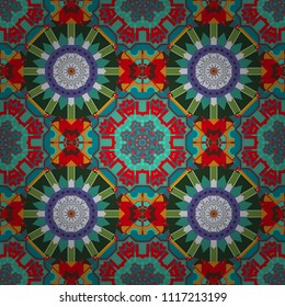 Vector illustration. Seamless pattern abstract background. With saturated shapes in green, pink and blue colors. Textile design texture. Ethnic tracery for print on textile.