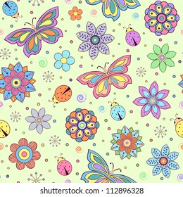 Vector illustration of seamless pattern with abstract colorful flowers, butterflies and ladybugs
