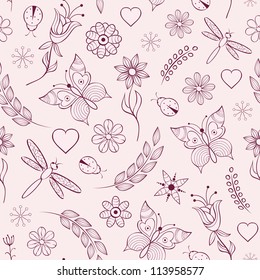 Vector illustration of seamless pattern with abstract colorful flowers, butterflies,dragonflies and ladybugs