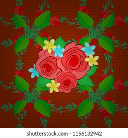 Vector illustration. Seamless pattern with abstract orange, green and brown stylized roses with green leaves.