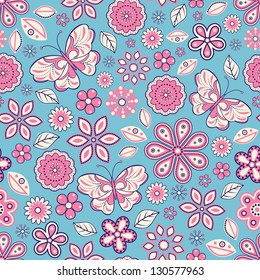 Vector illustration of seamless pattern with abstract flowers and butterflies.Floral background. It can be used for web page background,surface textures,textile industry and others.