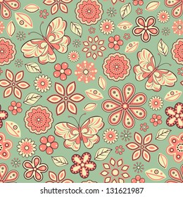 Vector illustration of seamless pattern with abstract flowers and butterflies.Floral background. It can be used for web page background,surface textures,textile industry and others.