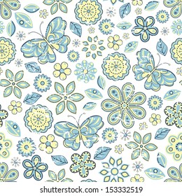 Vector illustration of seamless pattern with abstract flowers and butterflies.Floral background