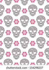 Vector illustration of seamless pattern with abstract floral skulls