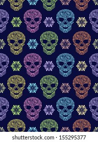 Vector illustration of seamless pattern with abstract floral skulls